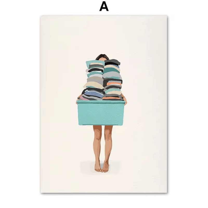 Nordic Laundry Girl Canvas Wall Art Minimalist Bathroom Living Room Poster Decor 2