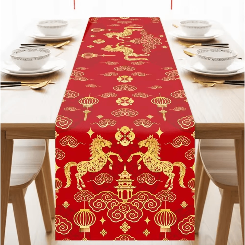Chinese New Year Linen Table Runner Zodiac Horse 2026 Spring Festival Dining Decor 0