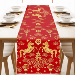 chinese new year linen table runner – zodiac horse 2026 spring festival dining decor