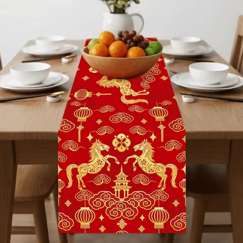 Chinese New Year Linen Table Runner Zodiac Horse 2026 Spring Festival Dining Decor 3