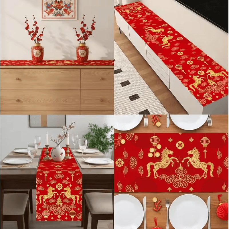 Chinese New Year Linen Table Runner Zodiac Horse 2026 Spring Festival Dining Decor 4