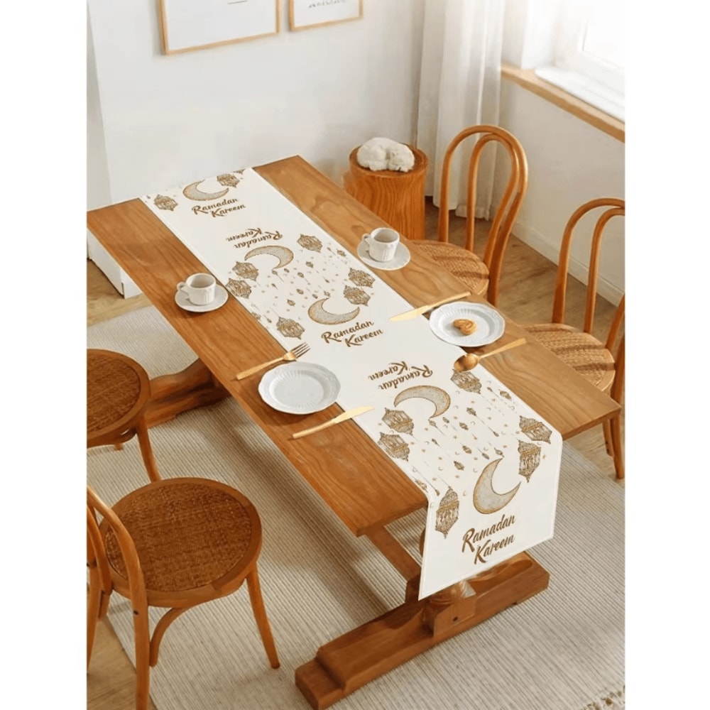 Ramadan Kareem Linen Table Runner Moon Stars Lantern Eid Dining Decor 1