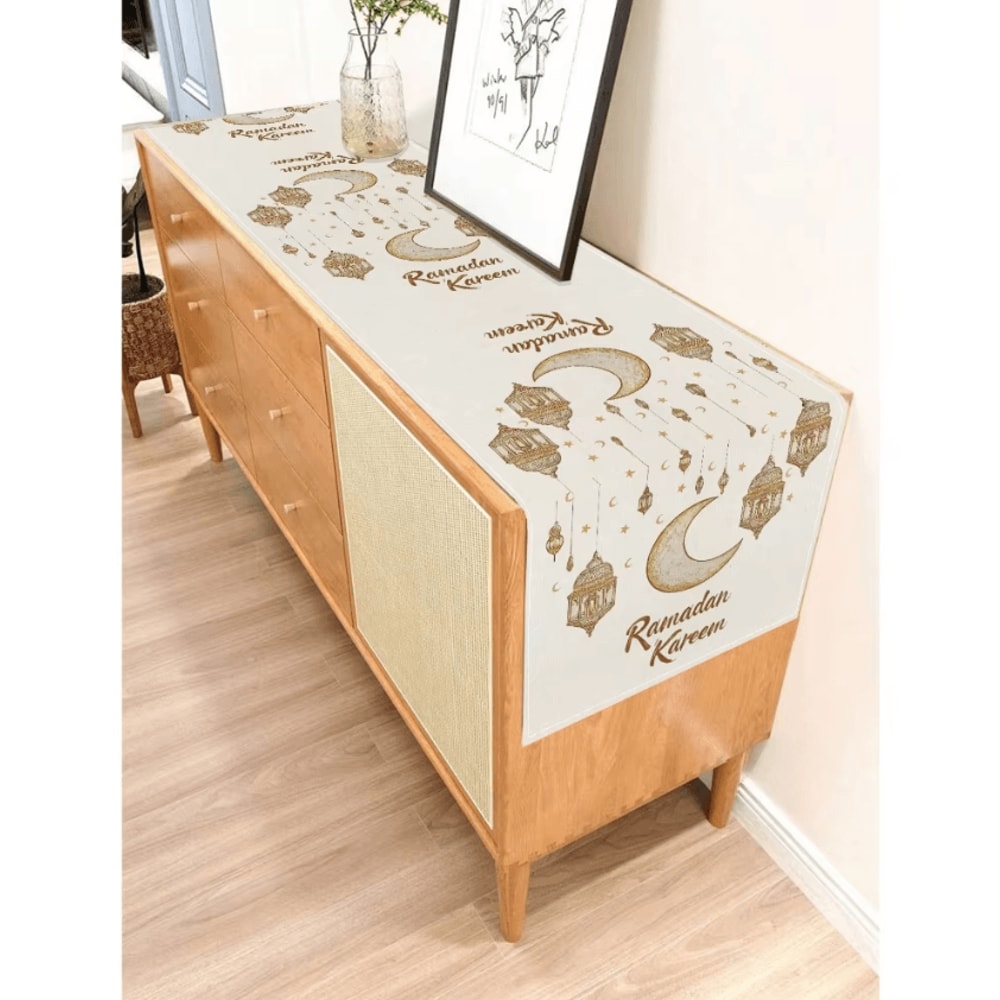 Ramadan Kareem Linen Table Runner Moon Stars Lantern Eid Dining Decor 2