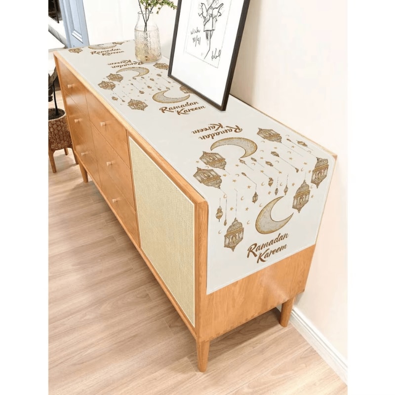 Ramadan Kareem Linen Table Runner Moon Stars Lantern Eid Dining Decor 2