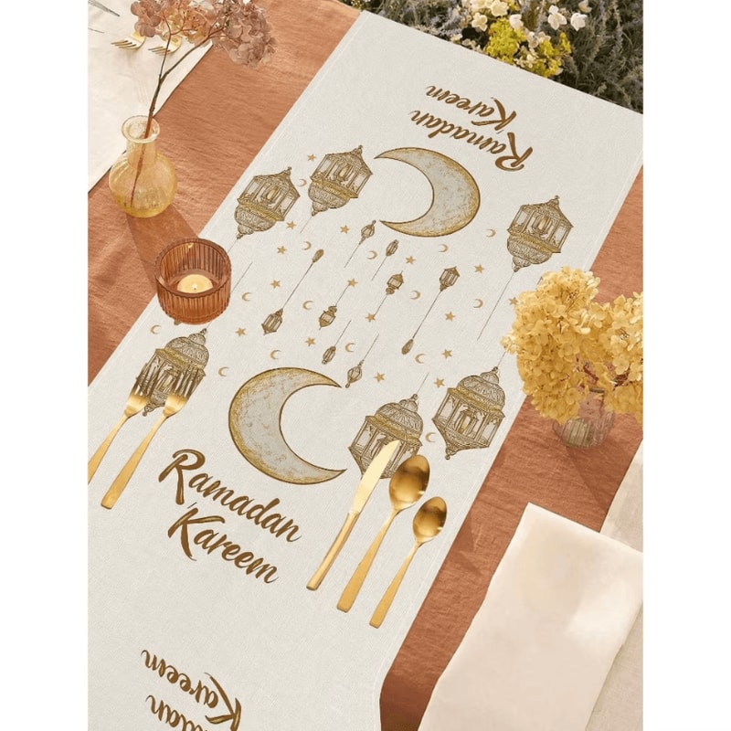 Ramadan Kareem Linen Table Runner Moon Stars Lantern Eid Dining Decor 3