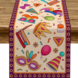 happy purim linen table runner – masquerade crown jewish holiday party table decor