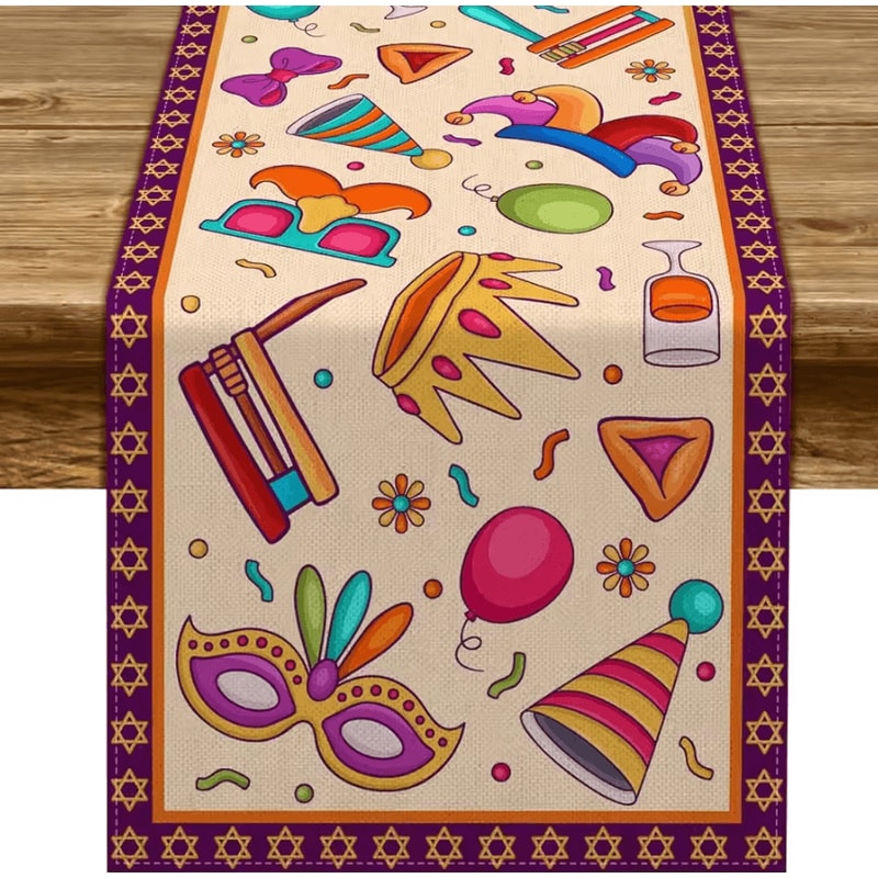 Happy Purim Linen Table Runner Masquerade Crown Jewish Holiday Party Table Decor 0