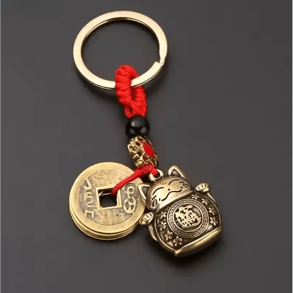 Vintage Lucky Cat Feng Shui Keychain Alloy Maneki Neko Wealth Talisman With Five Emperor Coins 0