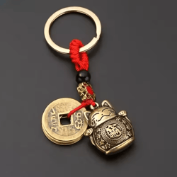 vintage lucky cat feng shui keychain – alloy maneki neko wealth talisman with five emperor coins