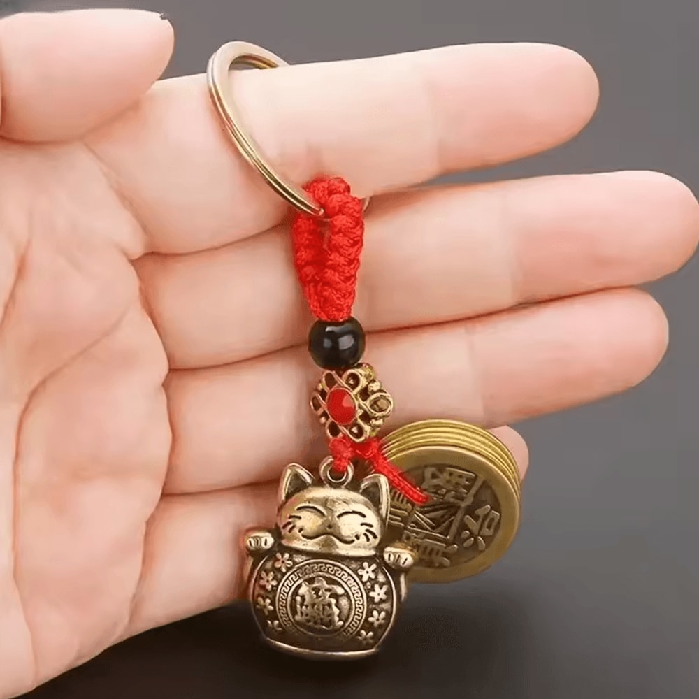 Vintage Lucky Cat Feng Shui Keychain Alloy Maneki Neko Wealth Talisman With Five Emperor Coins 1