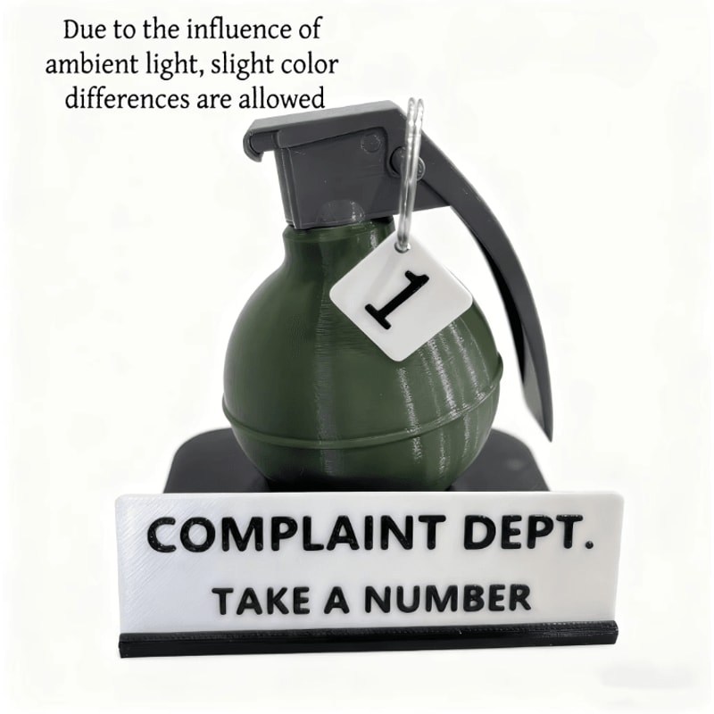 Funny Complaint Department Desk Sign Grenade 3D Printed Office Prank Decor Gift 2