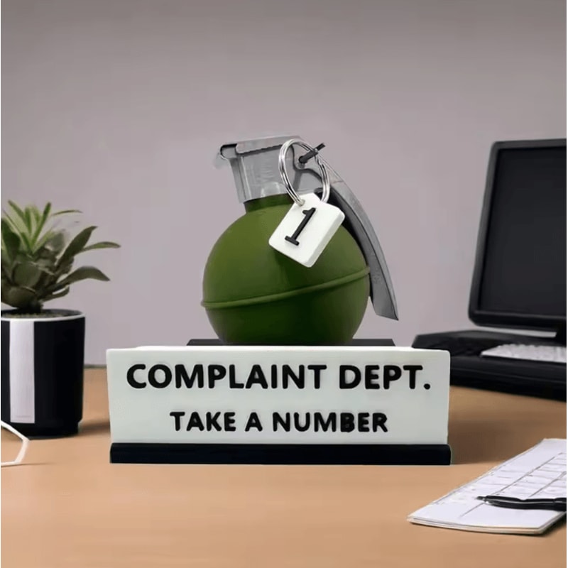 Funny Complaint Department Desk Sign Grenade 3D Printed Office Prank Decor Gift 3