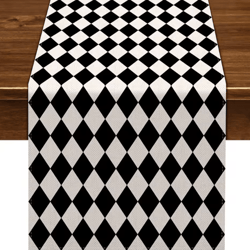 black & white buffalo plaid table runner – diamond lattice farmhouse table runner linen decor