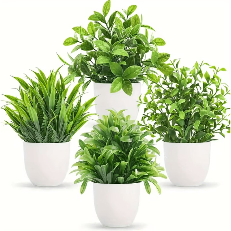 Mini Artificial Potted Plants Set 4PCS Fake Bonsai Desk Decor Indoor Greenery 0