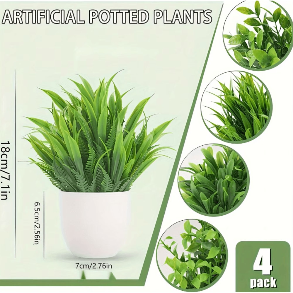 Mini Artificial Potted Plants Set 4PCS Fake Bonsai Desk Decor Indoor Greenery 3