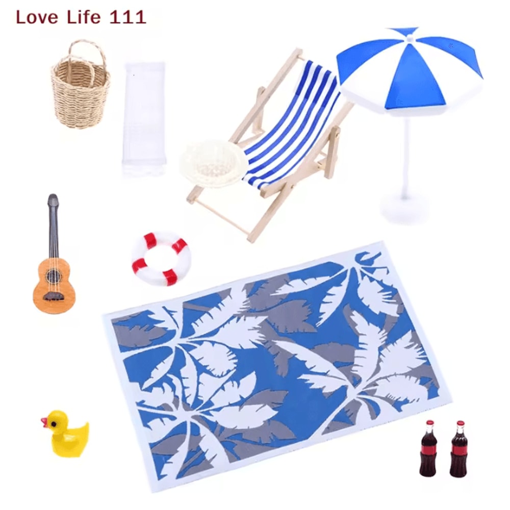 Mini Fairy Garden Beach Set Dollhouse Sunshade Umbrella Deck Chairs Decor Kit 0