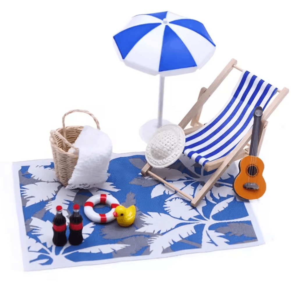 Mini Fairy Garden Beach Set Dollhouse Sunshade Umbrella Deck Chairs Decor Kit 2