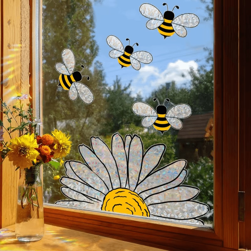 Colorful Bee Sunflower Window Sticker Rainbow Static Cling Window Decal Glass Decor 0