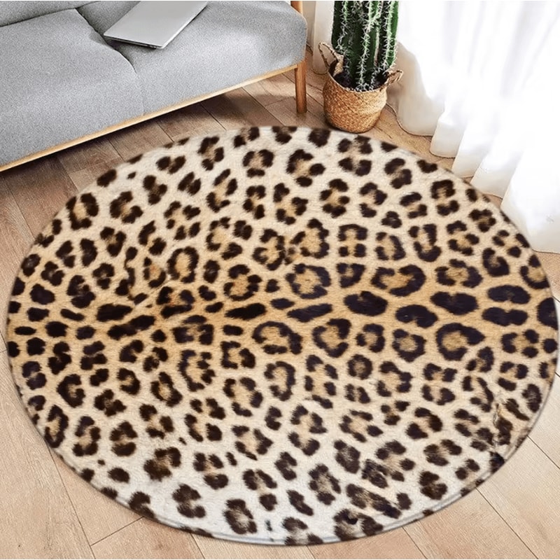 Brown Leopard Print Round Rug Soft Animal Print Circle Carpet Flannel Floor Decor 2