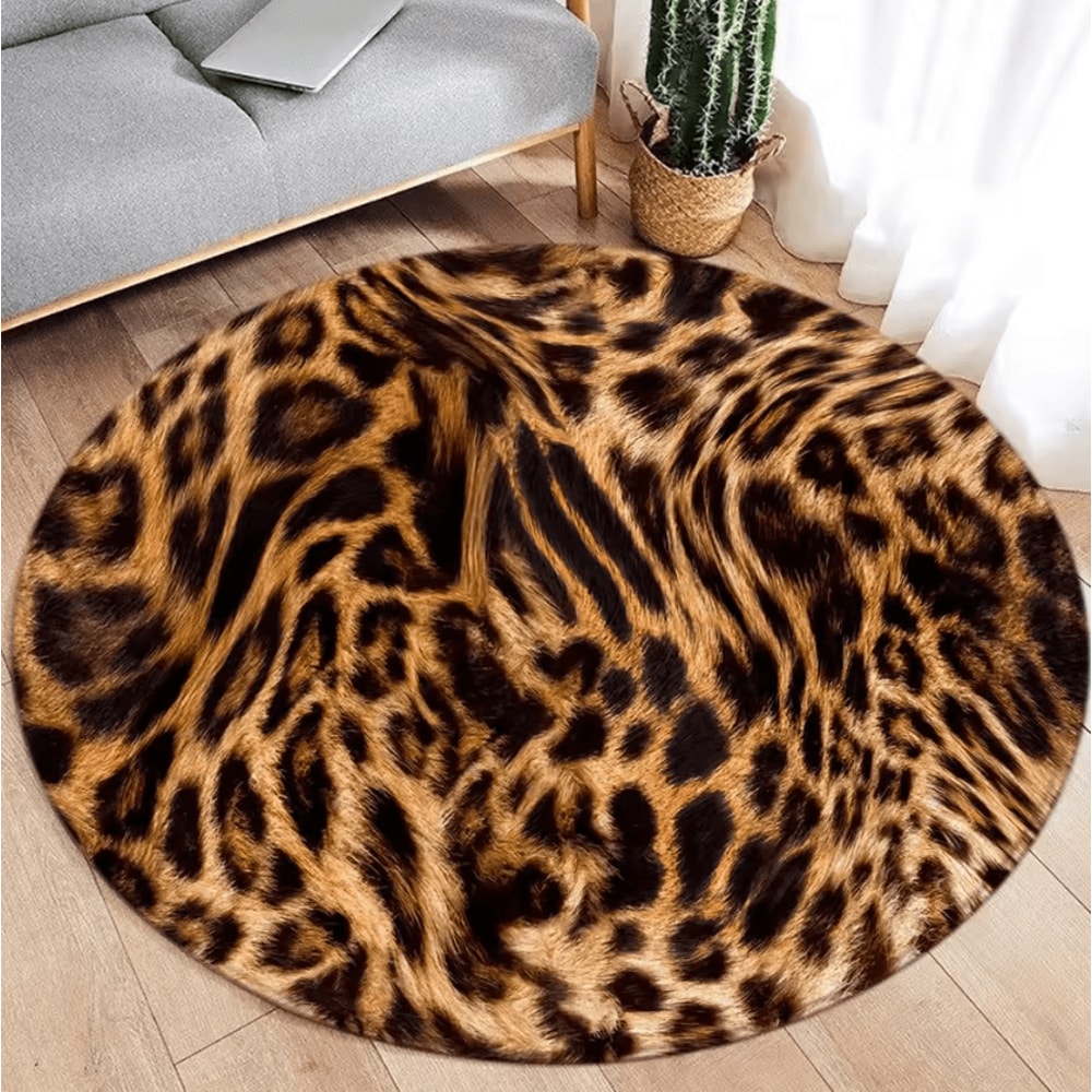 Brown Leopard Print Round Rug Soft Animal Print Circle Carpet Flannel Floor Decor 6