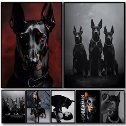 black doberman & woman canvas wall art – modern doberman dog painting poster