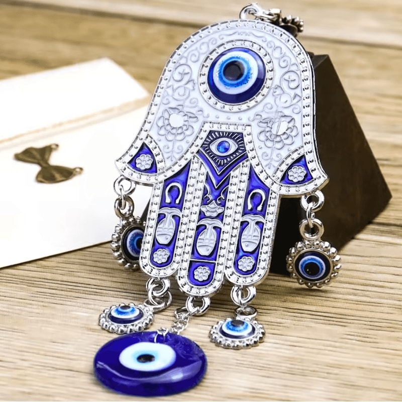 Hamsa Fatima Hand Wind Chime Decor Blue Eye Evil Eye Hanging Ornament 0