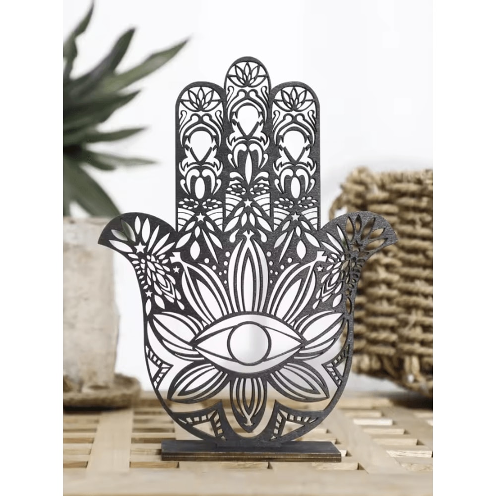 Black Wooden Hamsa Hand Evil Eye Desk Decor Protective Aesthetic Home Accent 0