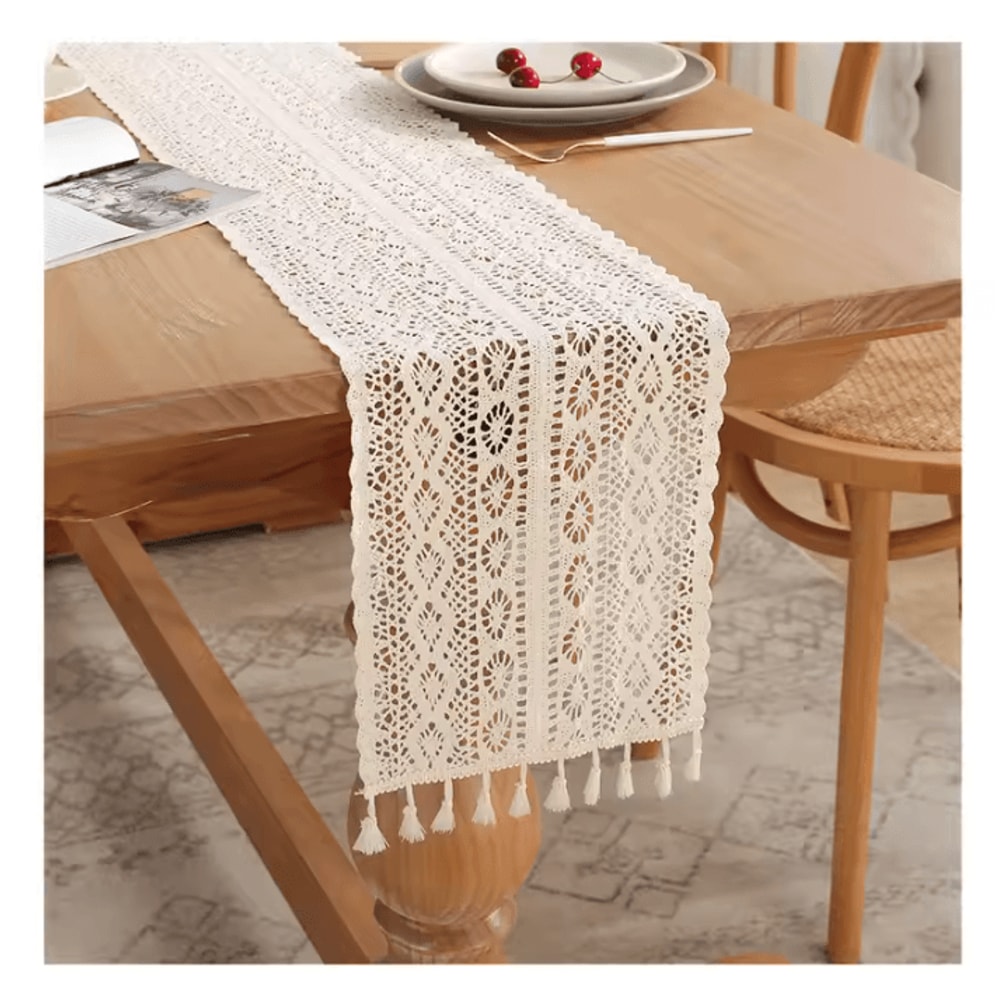 Vintage Beige Crochet Lace Table Runner Tassel Boho Farmhouse Decor 2