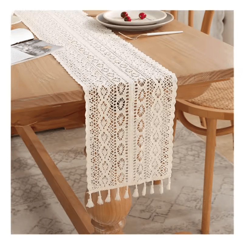 Vintage Beige Crochet Lace Table Runner Tassel Boho Farmhouse Decor 2