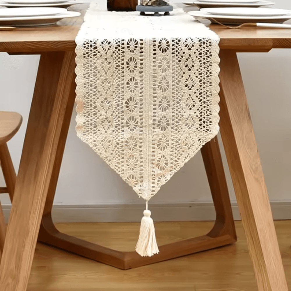 Vintage Beige Crochet Lace Table Runner Tassel Boho Farmhouse Decor 3