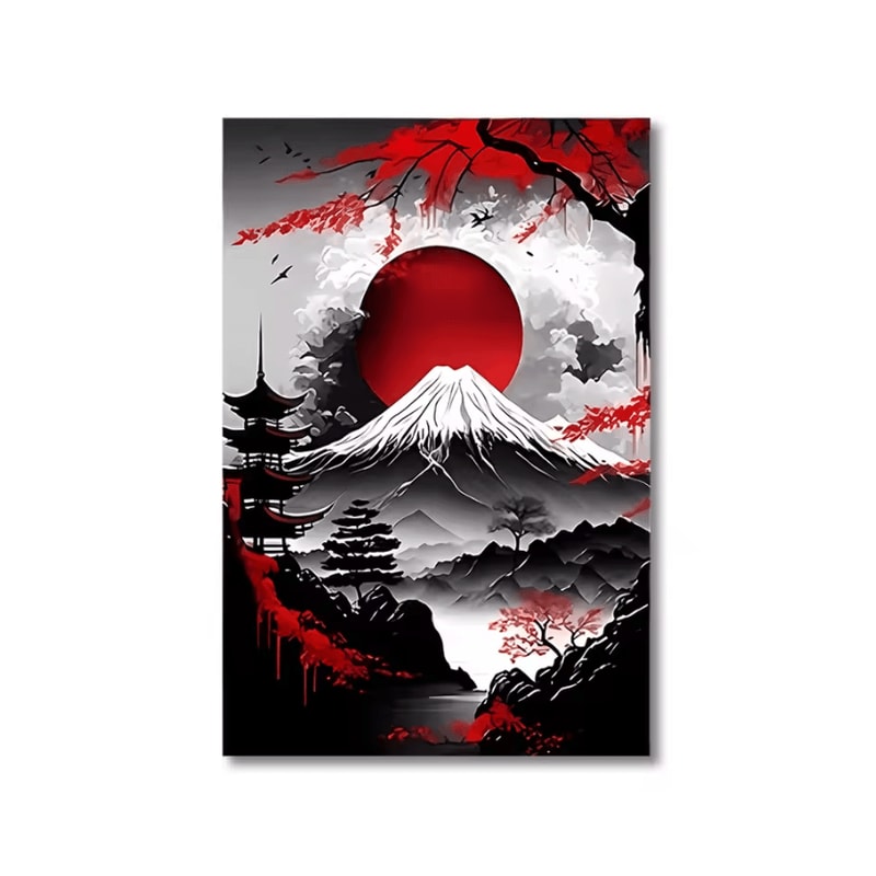 Vintage Japanese Landscape Canvas Wall Art Set 3Piece Black Red Zen Decor 1