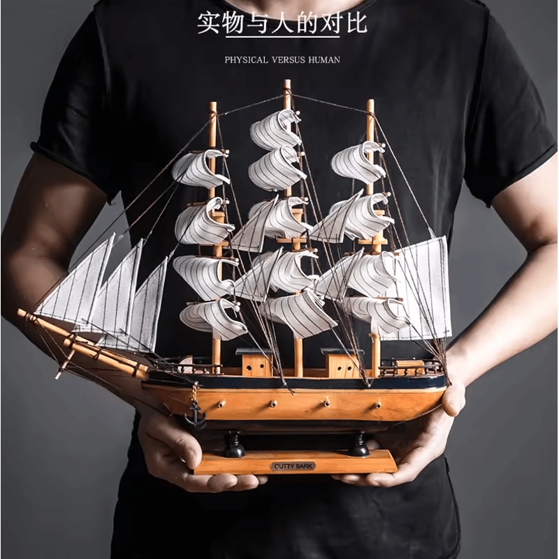 Mediterranean Wooden Sailboat Model Vintage Nautical Desk Decor Coastal Home Accent 0