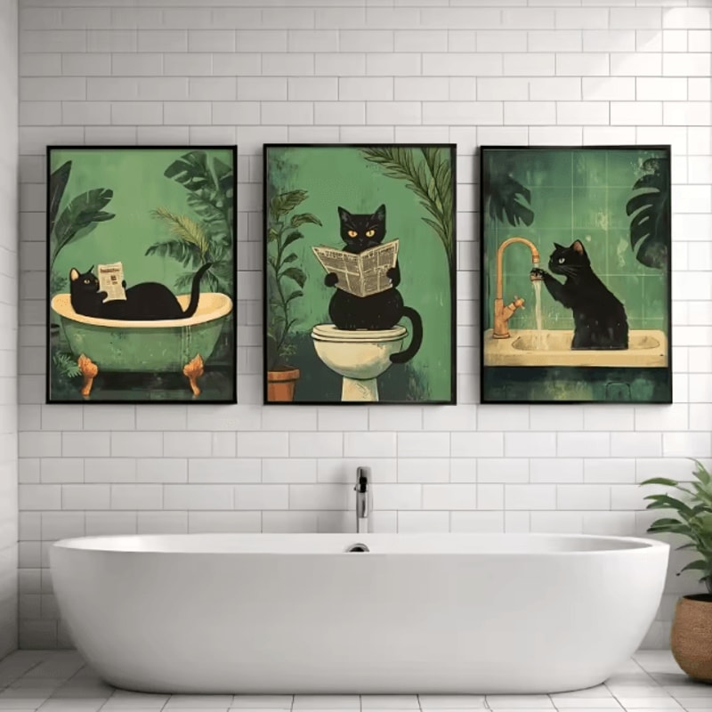 Funny Black Cat Bathroom Wall Art Set Vintage Toilet Humor Canvas Prints 3PCS 1