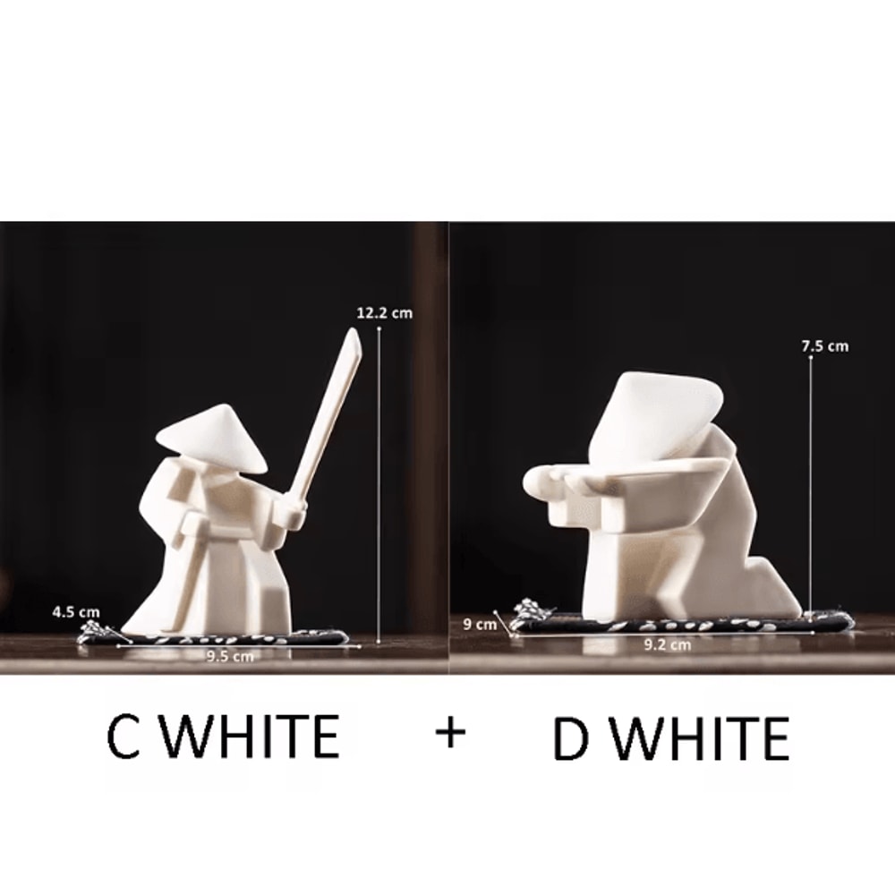 White Ceramic Samurai Figurine Minimalist Geometric Oriental Warrior Decor 14