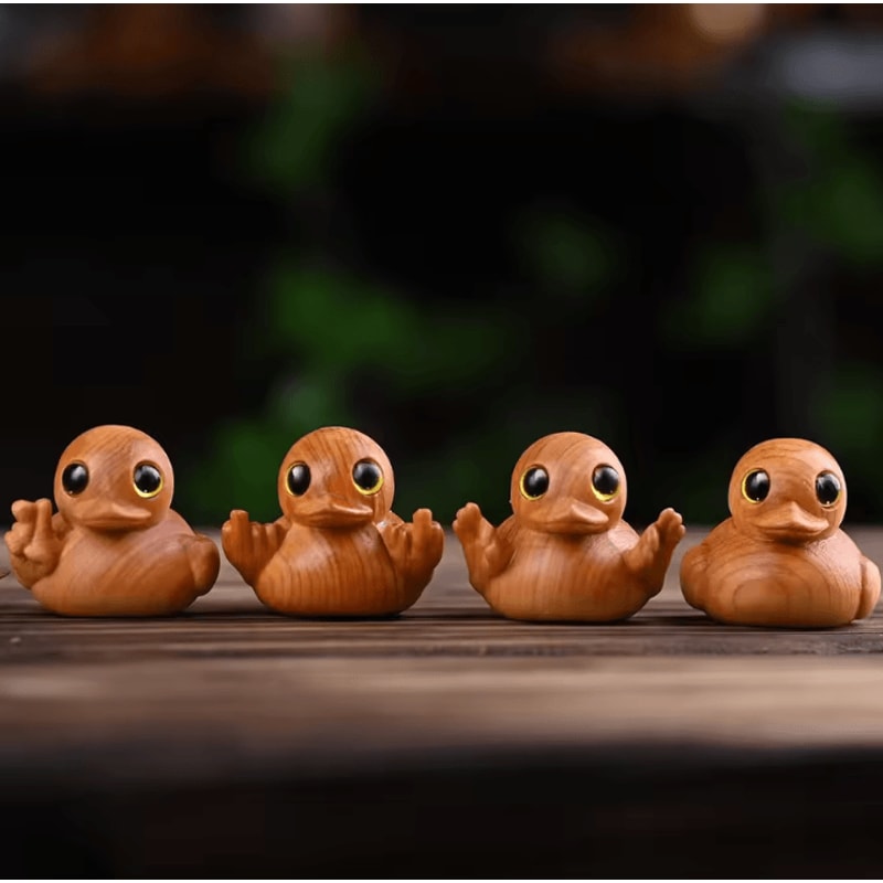 HandCarved Wooden Duck Figurine Cute Solid Wood Desk Ornament 0