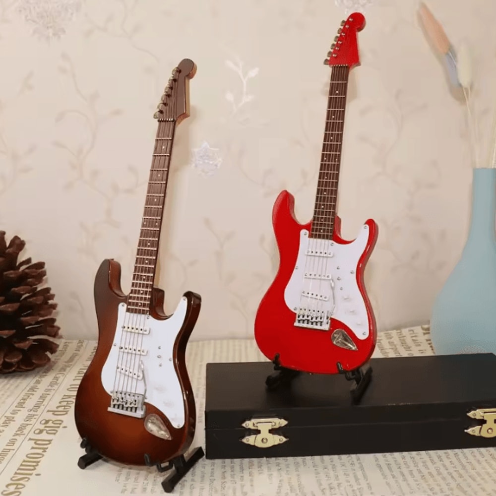 Mini Wooden Guitar Ornament Set Decorative Musical Instrument Models With Stand 0