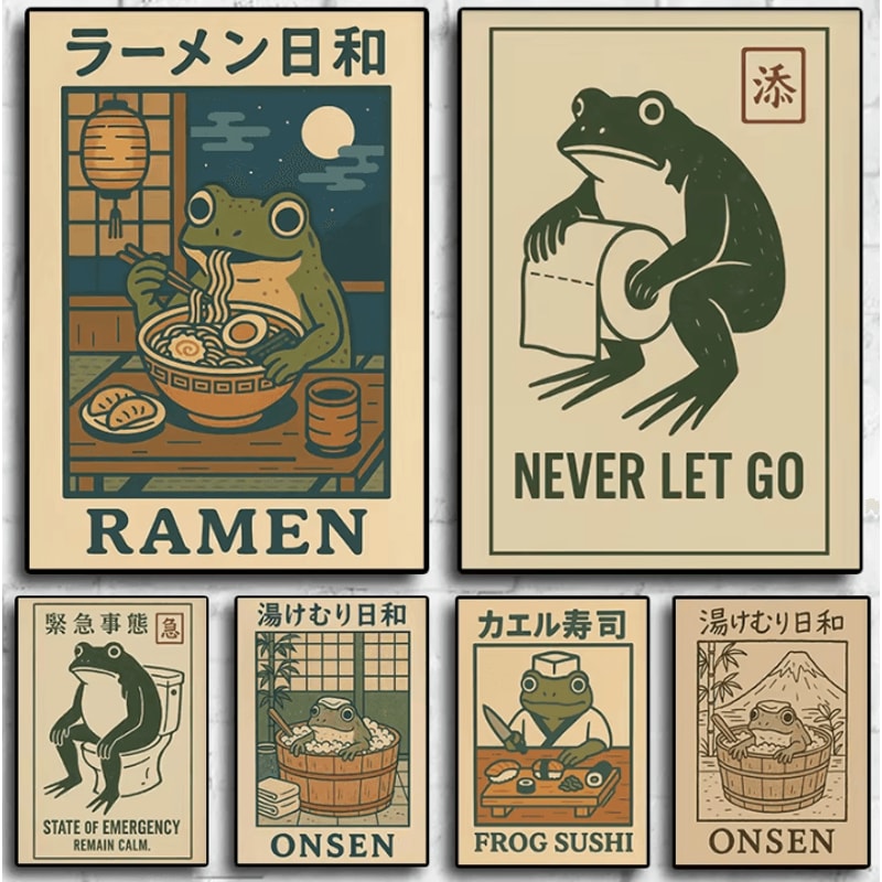 Funny Japanese Frog Bathtub Poster Retro Sushi Kitchen Wall Art Canvas 0