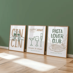 retro cocktail & pasta wall art set – frameless happy hour kitchen prints (3pcs)