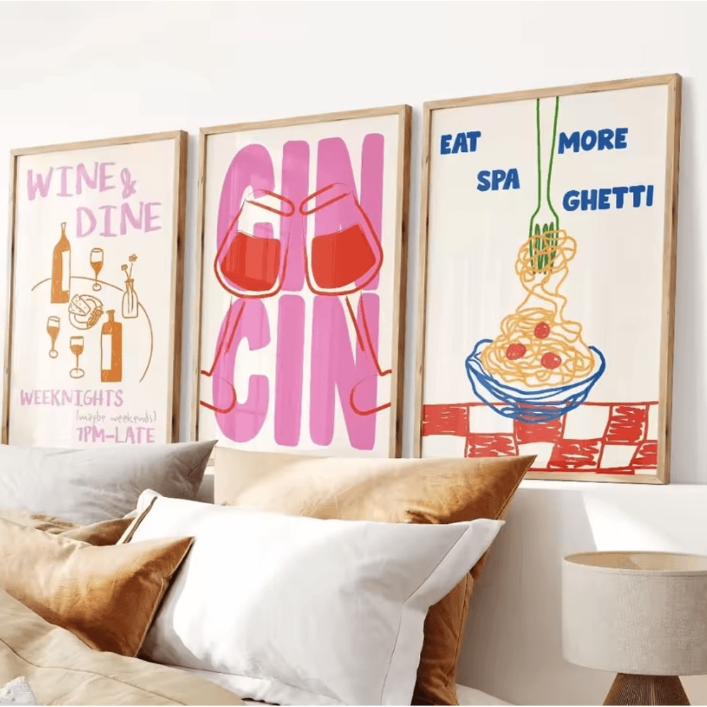 Retro Cocktail Pasta Wall Art Set Frameless Happy Hour Kitchen Prints 3pcs 1