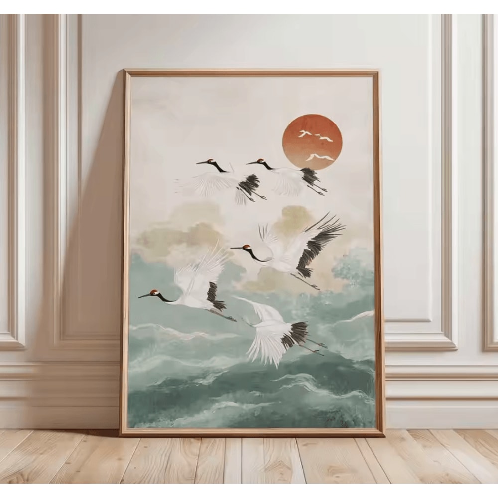 Japanese Crane Ukiyoe Wall Art Poster Vintage Red Sun Oriental Decor 10