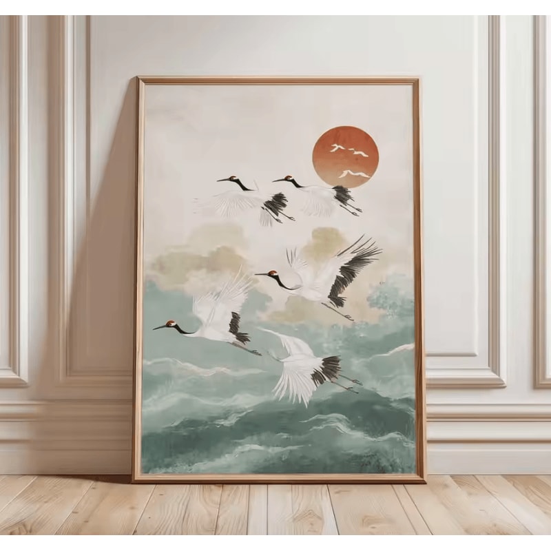 Japanese Crane Ukiyoe Wall Art Poster Vintage Red Sun Oriental Decor 10