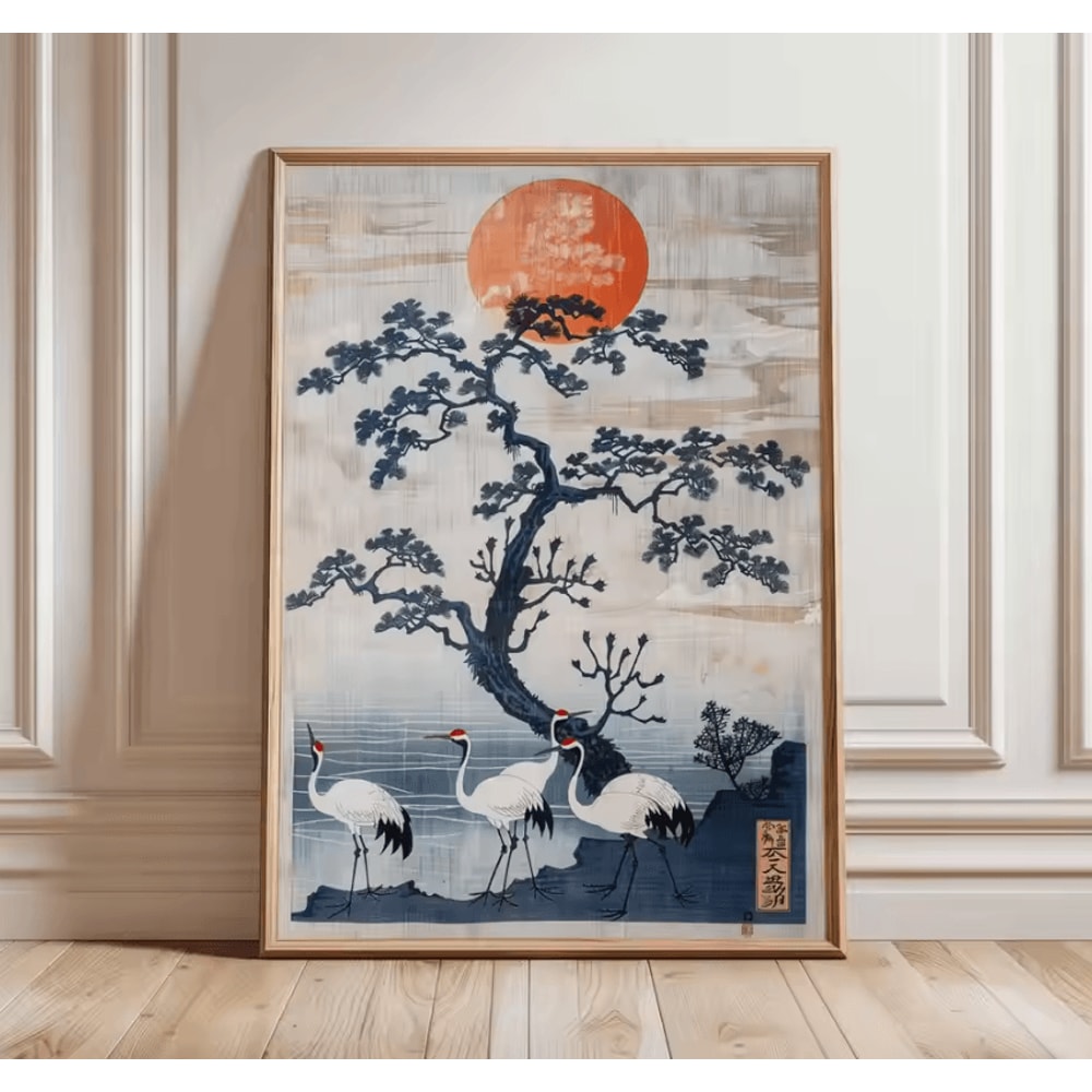 Japanese Crane Ukiyoe Wall Art Poster Vintage Red Sun Oriental Decor 12