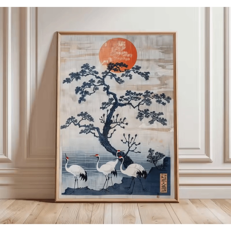 Japanese Crane Ukiyoe Wall Art Poster Vintage Red Sun Oriental Decor 12