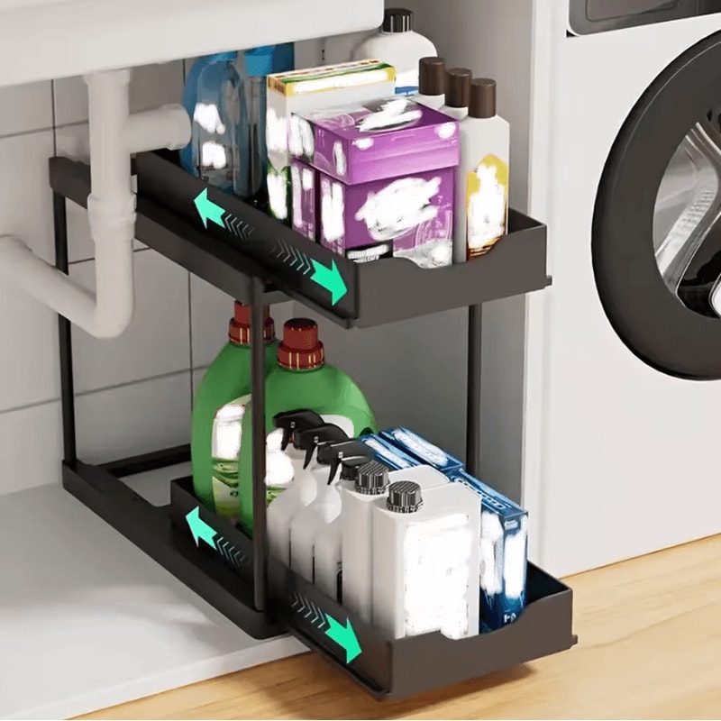 DoubleLayer PullOut Kitchen Storage Rack Under Sink Organizer With Hooks 3