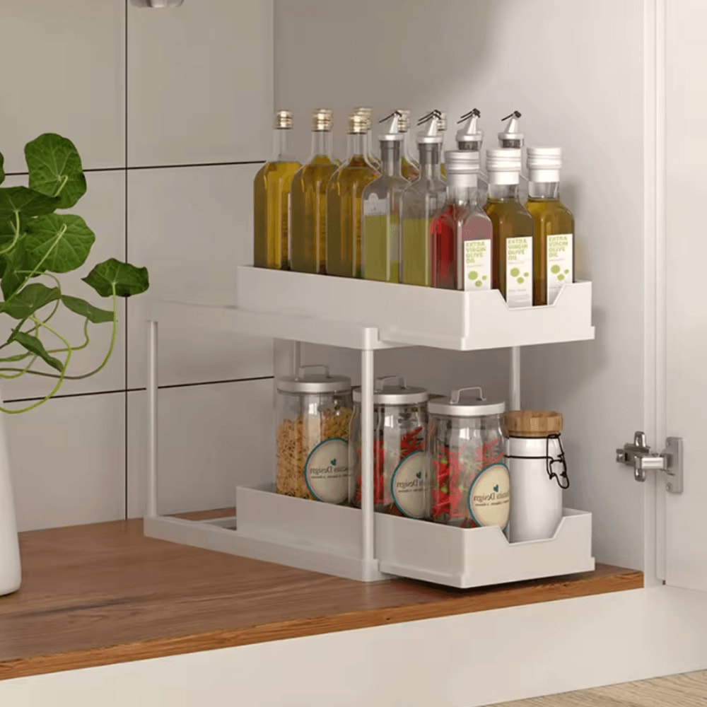 DoubleLayer PullOut Kitchen Storage Rack Under Sink Organizer With Hooks 4