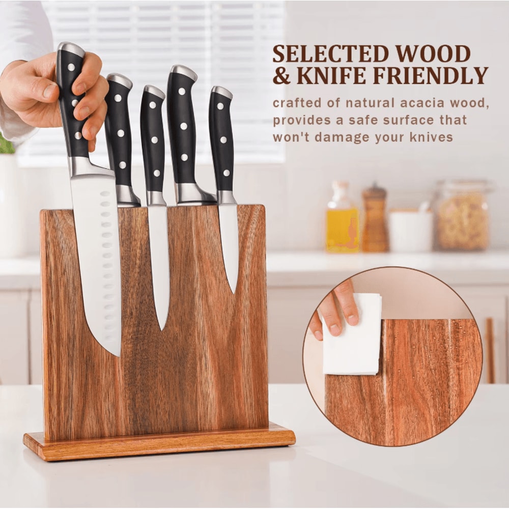 Acacia Wood Magnetic Knife Block Strong Magnet Kitchen Knife Holder Stand 2