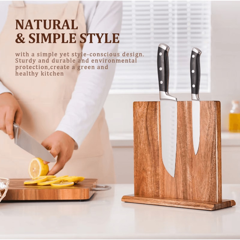 Acacia Wood Magnetic Knife Block Strong Magnet Kitchen Knife Holder Stand 3