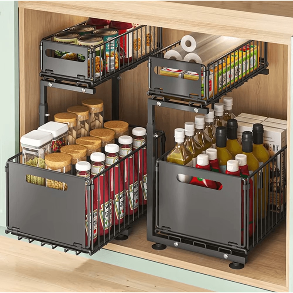 DoubleLayer PullOut Under Sink Organizer Adjustable Height Sliding Storage Rack 1