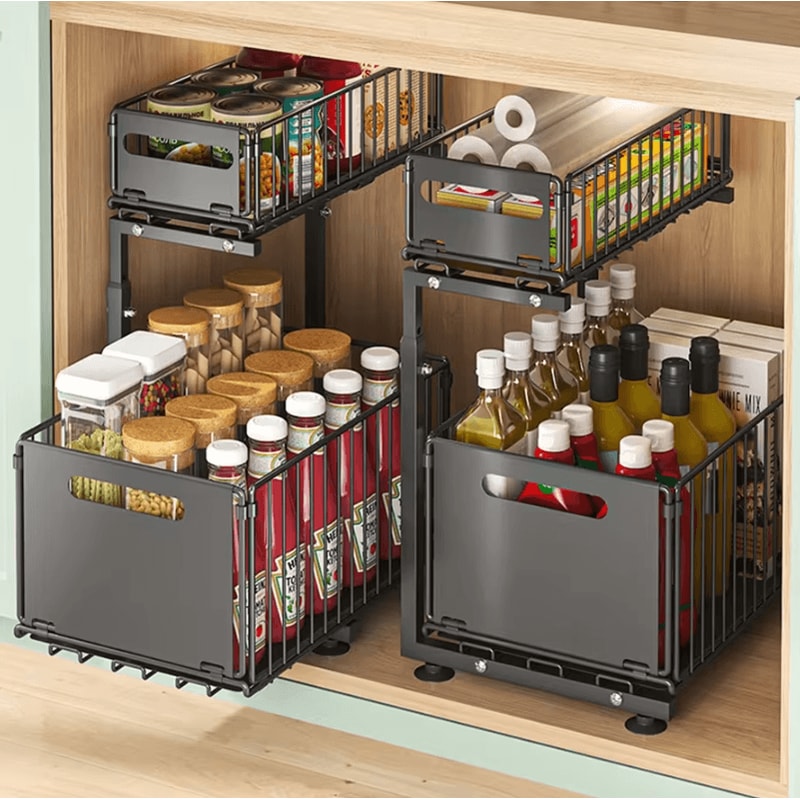 DoubleLayer PullOut Under Sink Organizer Adjustable Height Sliding Storage Rack 1