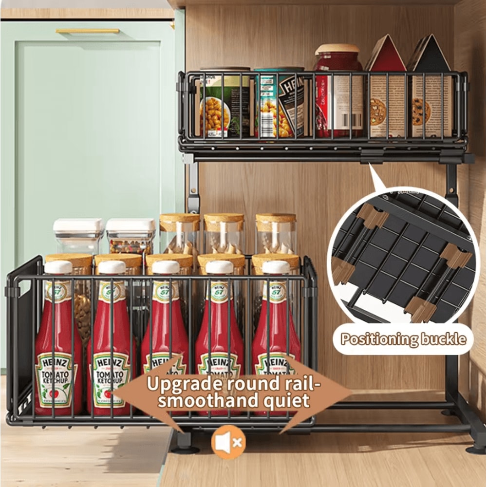DoubleLayer PullOut Under Sink Organizer Adjustable Height Sliding Storage Rack 2